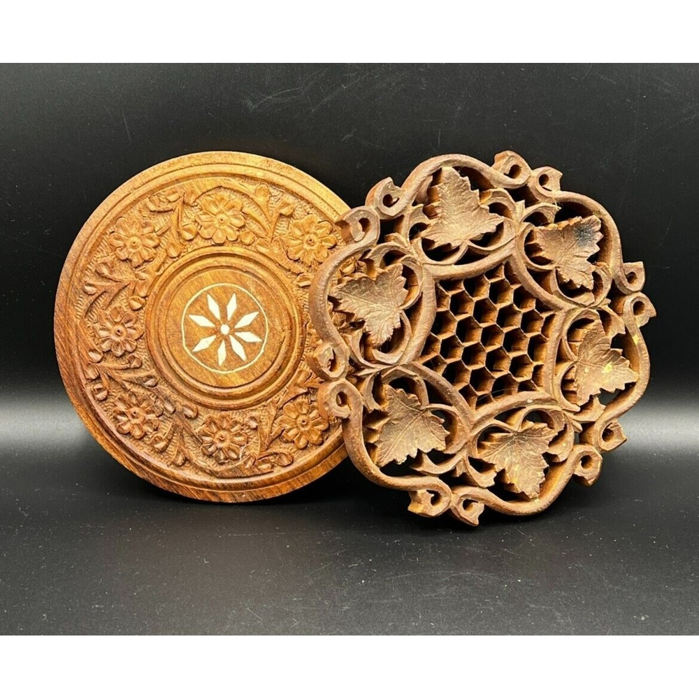 Handcrafted Round Wood Trivets Plant Stand ~ Set of 2 ~ India